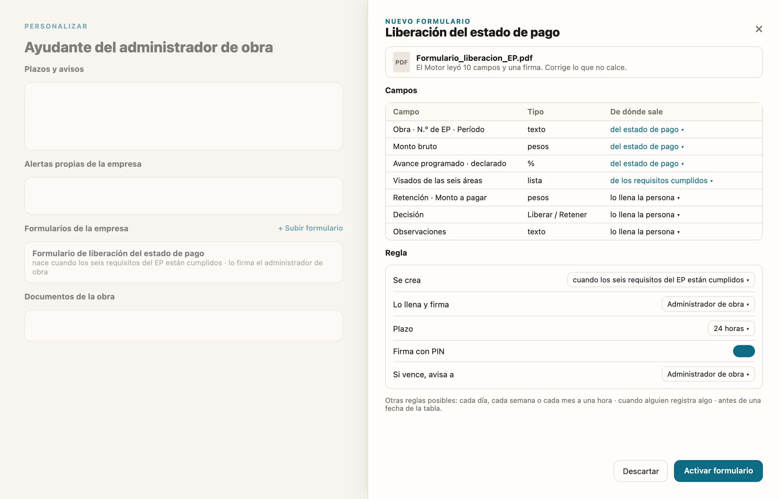Pantalla de escritorio de la app que lee un formulario en PDF y arma sus campos y su regla de llenado