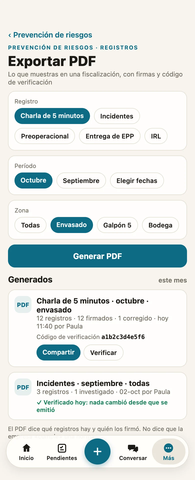 App de iGromi exportando en PDF los registros de seguridad del DS 44: charla de 5 minutos, incidentes, EPP e IRL