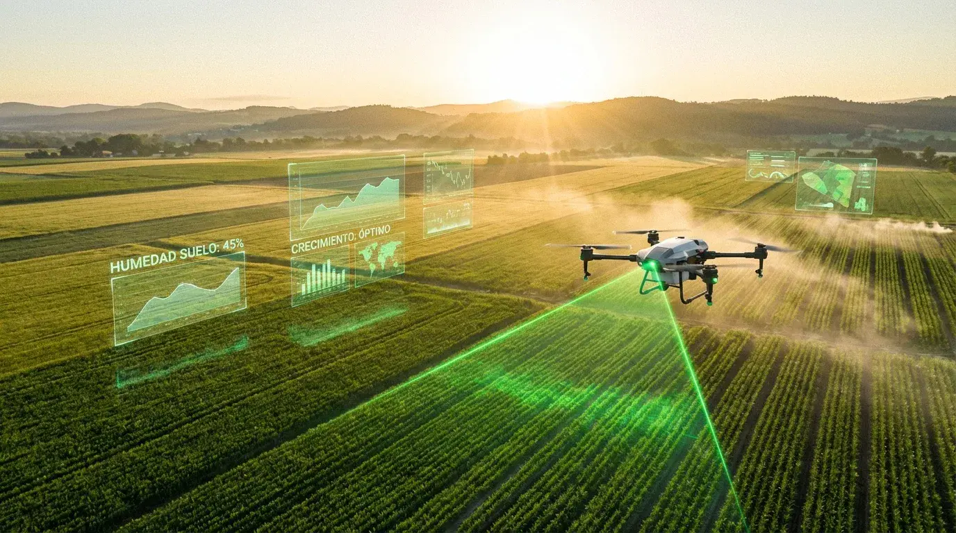 Campo agrícola con tecnología de drones y sensores IoT