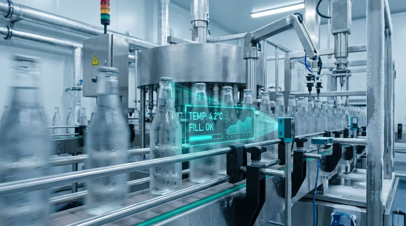 Línea de embotellado industrial con monitoreo en tiempo real