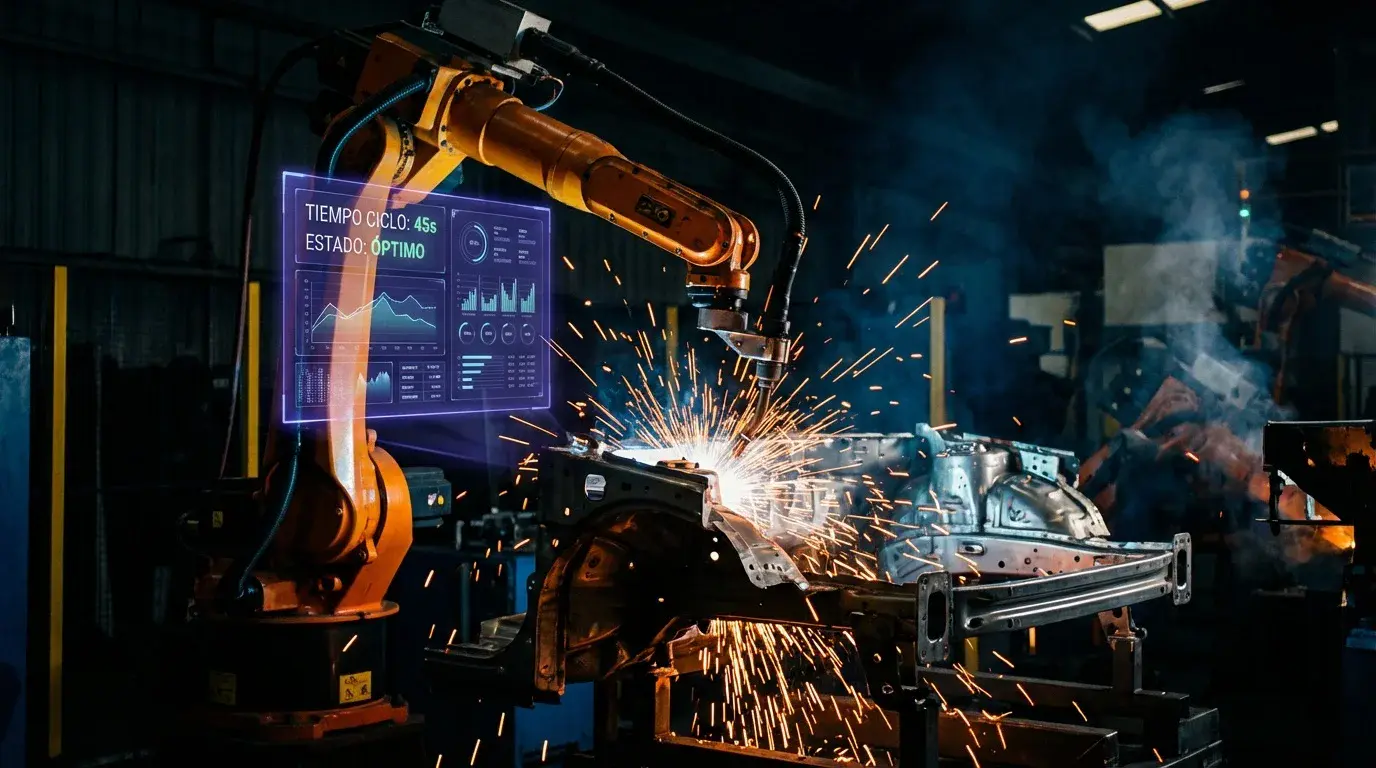 Planta de manufactura con brazo robótico industrial