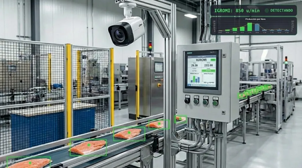 Visualización de IA contando salmones en tiempo real