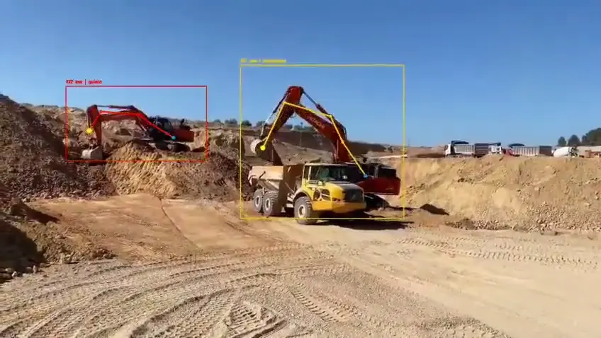 Inferencia real: el modelo marca una excavadora quieta y otra cargando un camión articulado en un frente de tierra
